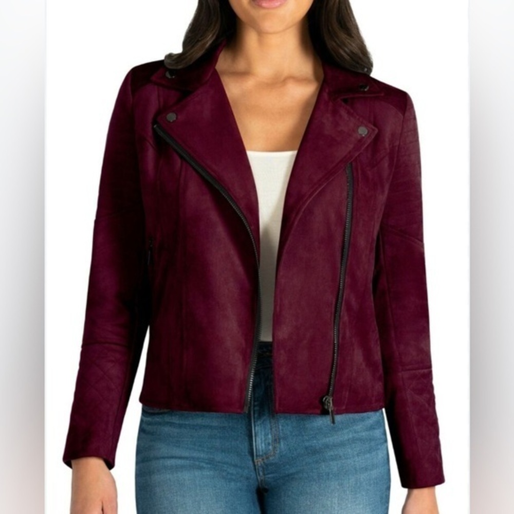 Kut From The Kloth Burgundy Quilted Panel Sleeves Faux Suede Moto Jacket Sz M